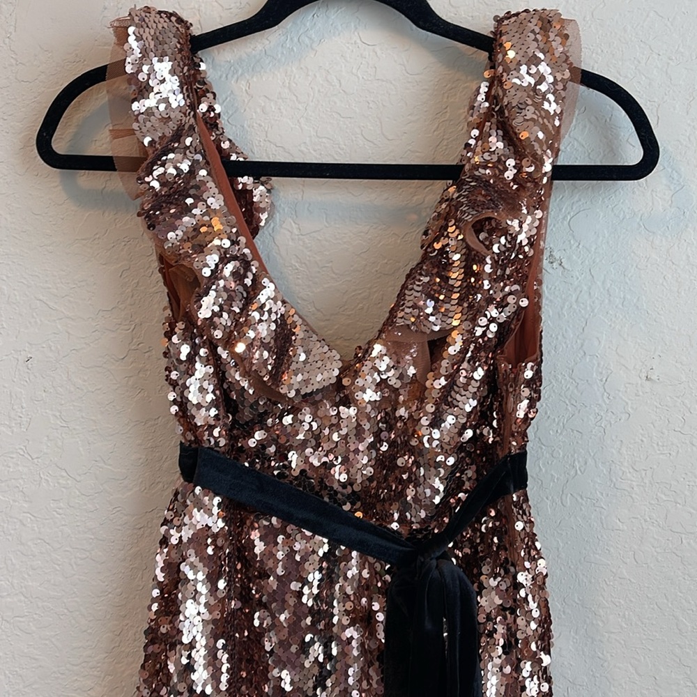 NWT Free People Tribeca Sequin Ruffle Brown Dress Velvet Bow Size 0 - Picture 4 of 11